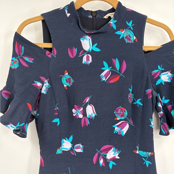 Rebecca Taylor Navy Blue Bellflower Floral Ruffle Cold Shoulder Sheath Dress 4 - Picture 4 of 15